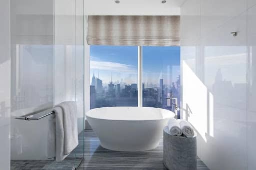 Bathroom with a view of the city at 217 West 57th Street