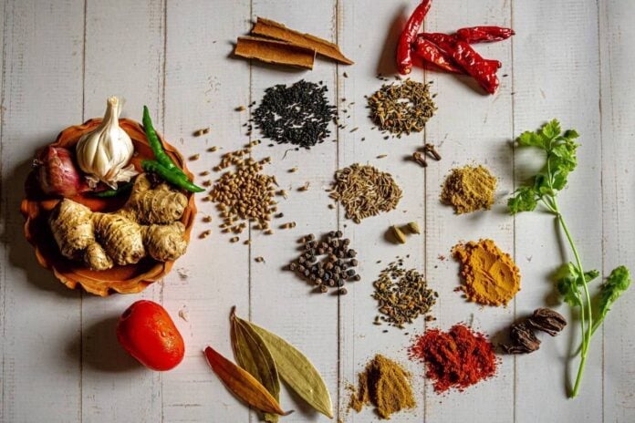 Herbs and seasonings on a table