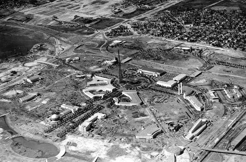 An aerial view of the 1939 New York World’s Fair site during construction in Flushing Meadows, Queens, on May 17, 1938.