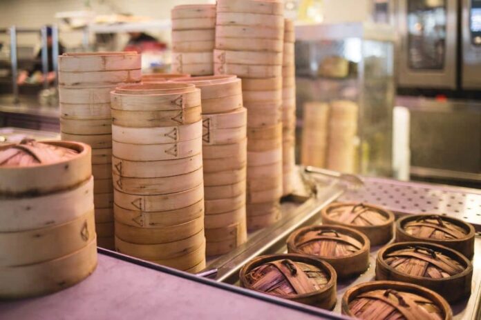 A stack of dim sum steamers