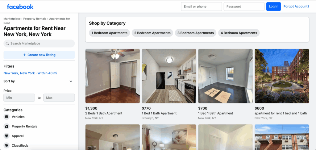 Home page of NYC apartment listing site Facebook Marketplace