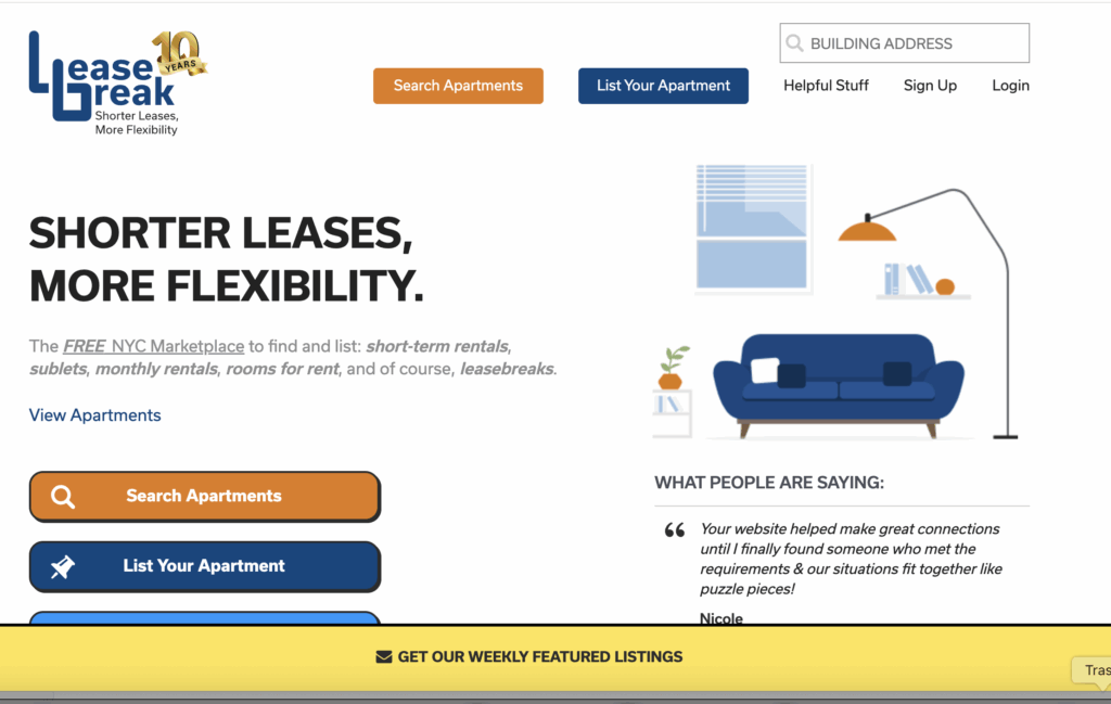 Home page of NYC apartment listing site Leasbreak