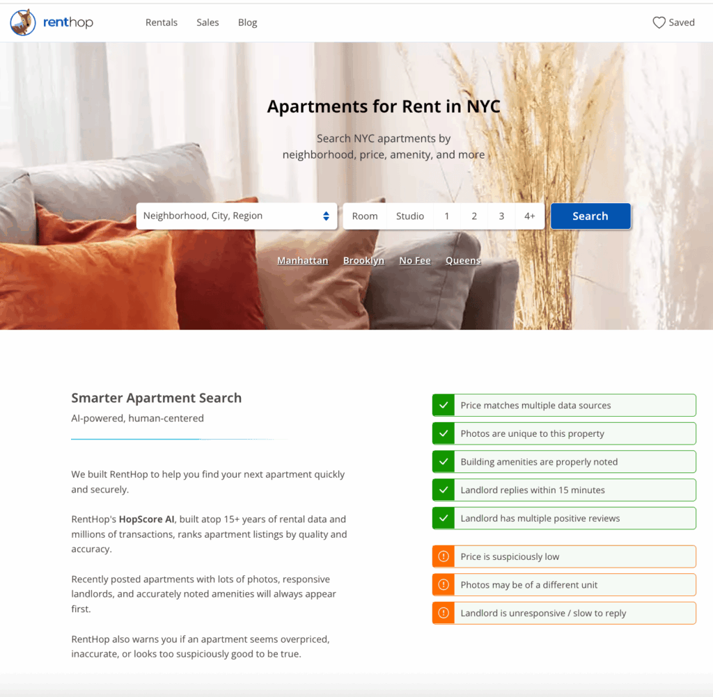 Home page of NYC apartment listing site RentHop